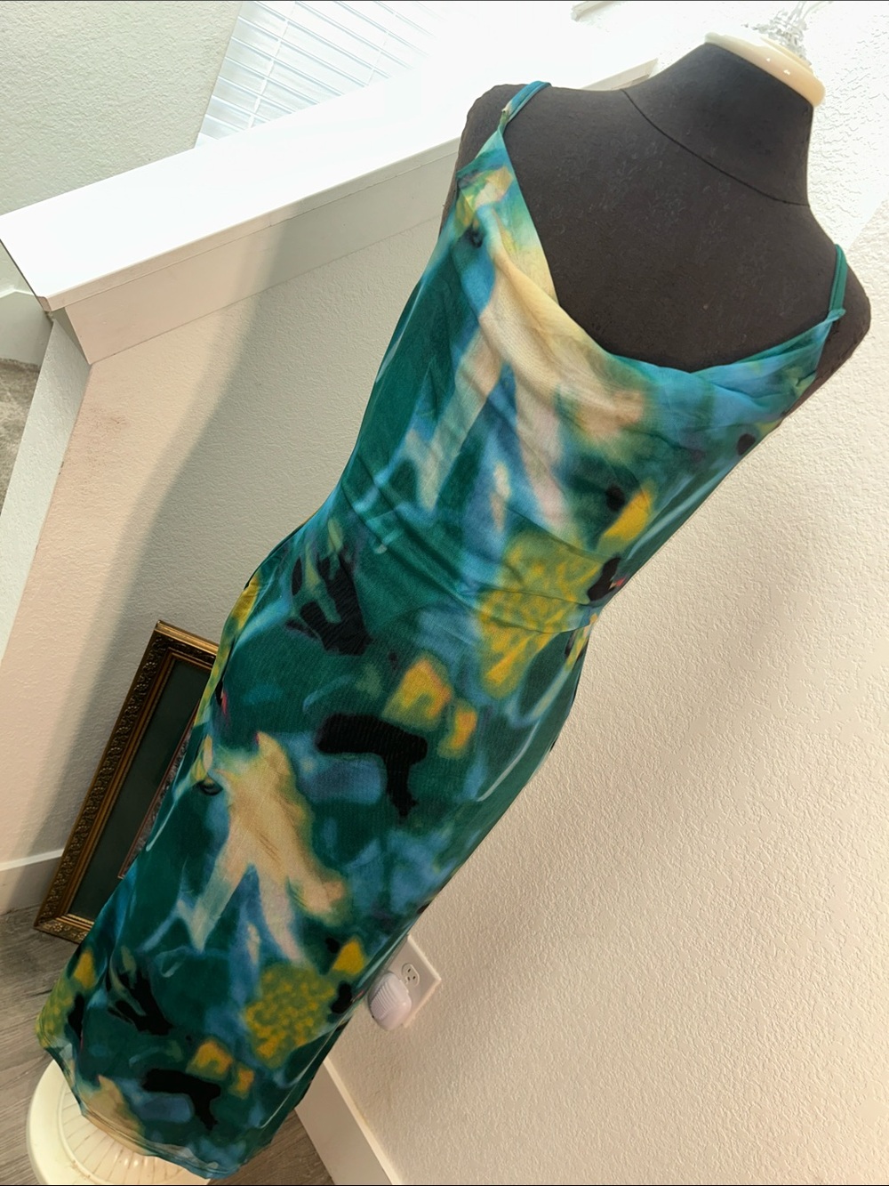 Teal Tie Die Slip Dress with Cowl Neck